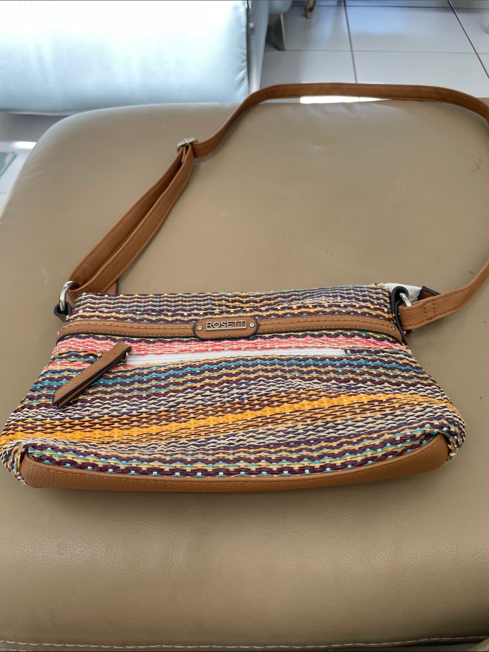 Rosetti Multicolor Woven Crossbody with Tan Trim